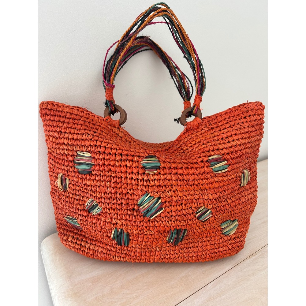 Orange Woven Raffia Tote Bag Boho Straw Shoulder Bag Polka Dot Lining Large